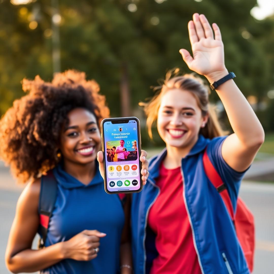 Two friends outdoors, one holding up a phone showing the Pulse fitness app leaderboard while the other high-fives
